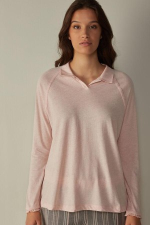 Intimissimi Cotton Rouches Long Sleeve Polo Ženske Pidžama Roze | HR 2182QZD
