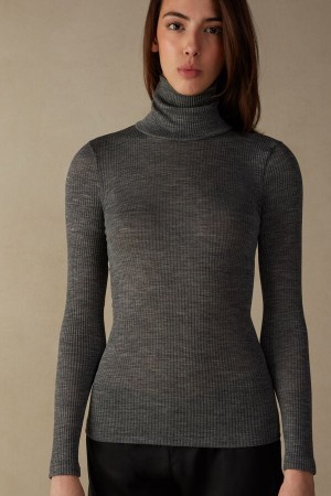 Intimissimi High-Neck Tubular Top in Vuna and Silk Ženske Dugi Rukav Sive | HR 1801PQC