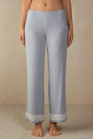 Intimissimi Lace Trim Full Length Pants in Modal Ženske Pidžama Svijetlo Plave | HR 2059ISZ